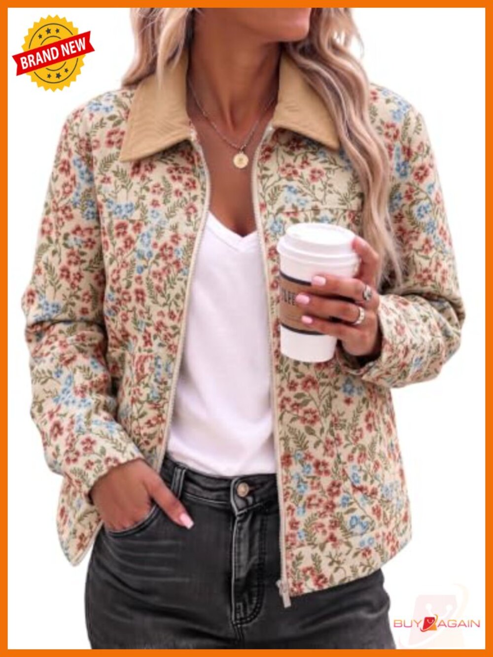 Womens Floral Jacquard Zip Up Casual Jacket Loose Fit Fall Winter Coat